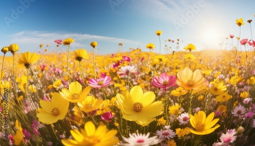 A blanket of colorful wildflowers, primarily yellows and pinks, under a clear blue sky