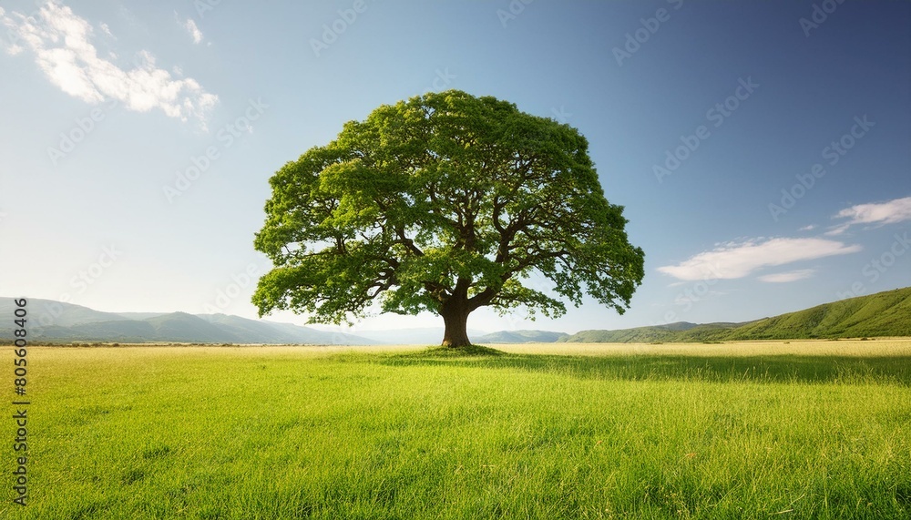 A single large, leafy tree centered in a wide grassy field, under a bright, cloudless sky 