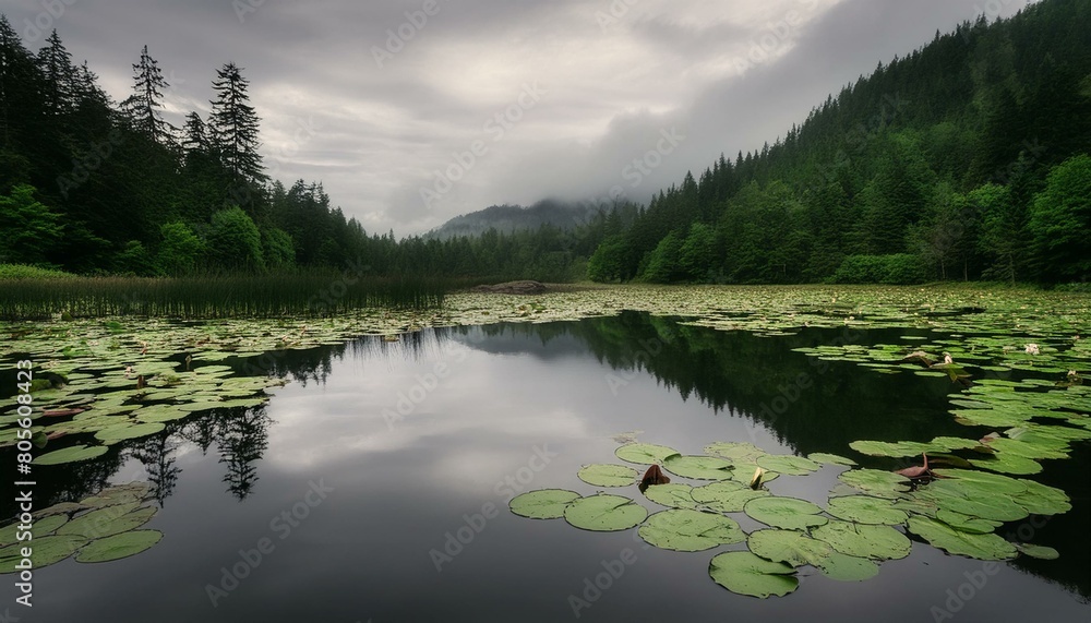 Fototapeta premium A smooth reflective pond with lily pads, surrounded by greenery, under a soft gray overcast