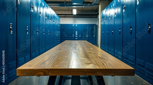 Wooden table in the middle of blue lockers in an industrial gym, front view, white background, in the style of professional photography.