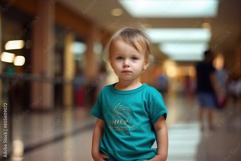A young child wearing a green shirt stands in a mall A young child wearing a green shirt stands in a mall