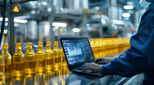 Worker is using a laptop to control the production line of yellow bottles in the factory.