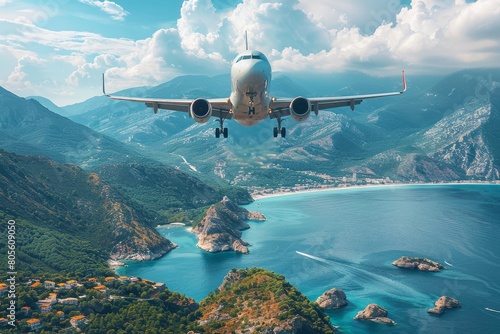 The aircraft descends with a stunning turquoise sea background, featuring lush green hills and a sense of calm tranquility photo