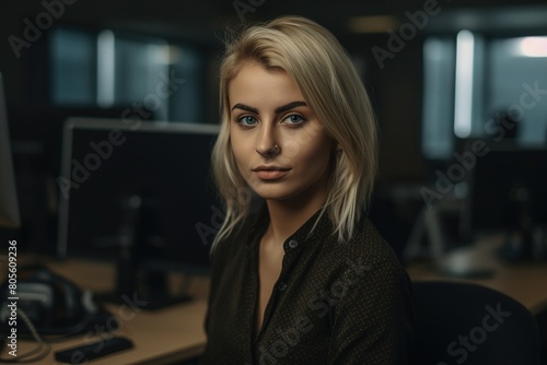 A woman with blonde hair and blue eyes is sitting at a desk in front of a computer monitor
