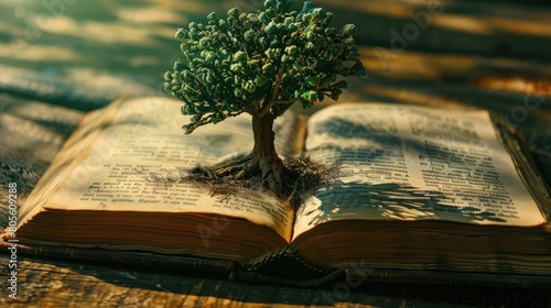 A tree is growing out of an open book