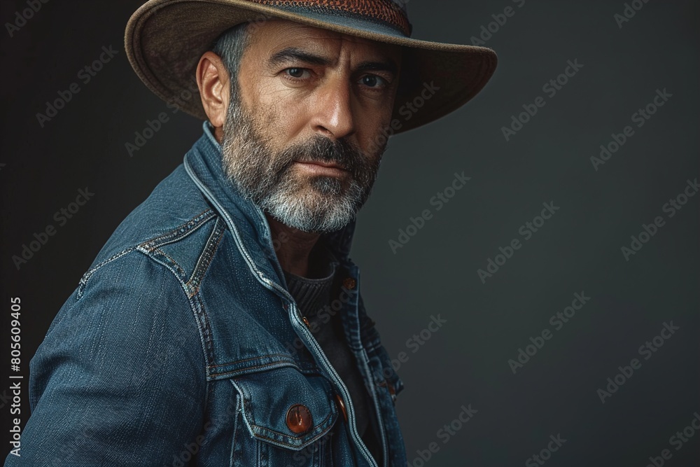 A man wearing a blue jacket and a straw hat A man wearing a blue jacket and a straw hat