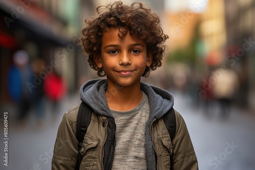 A young boy with curly hair is smiling and wearing a grey hoodie and a backpack