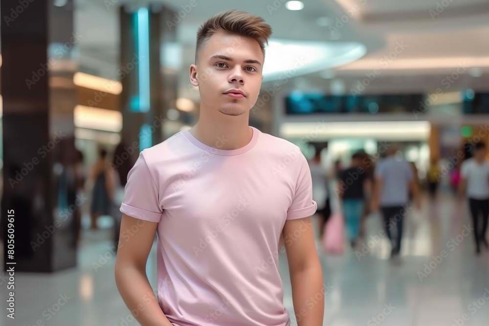 A young man in a pink shirt stands in a mall A young man in a pink shirt stands in a mall