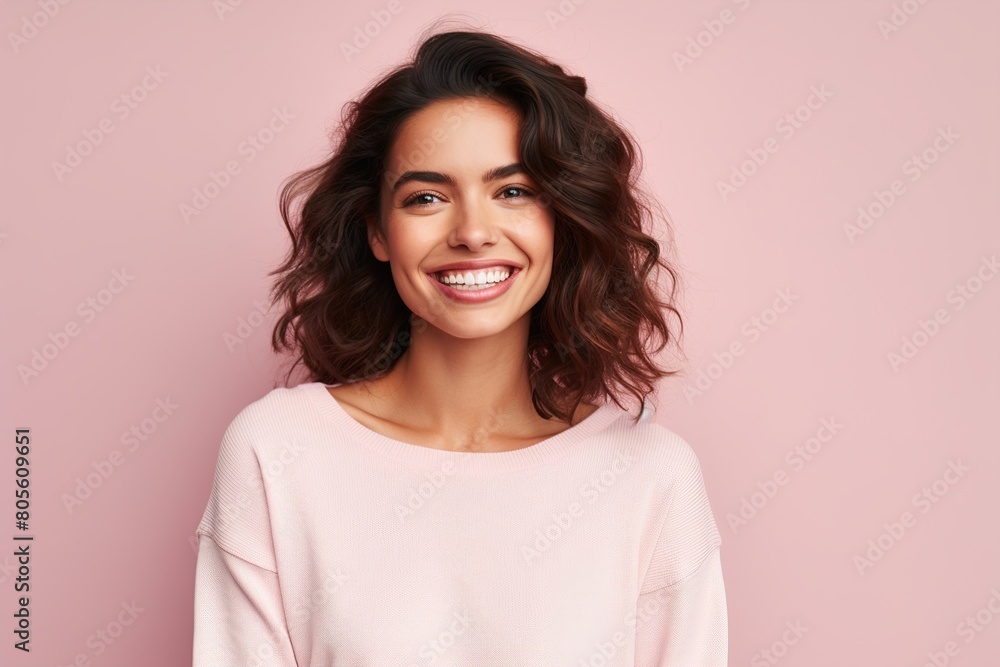 A woman with short hair and a pink sweater is smiling A woman with short hair and a pink sweater is smiling