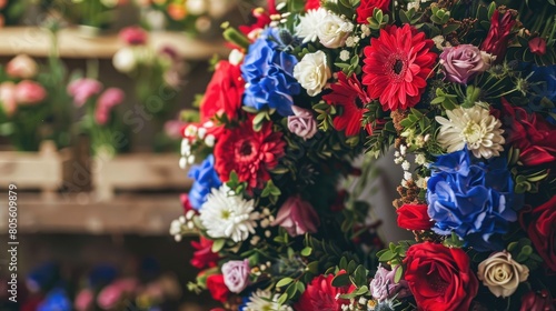 A wreath of red  white  and blue flowers is placed on a table
