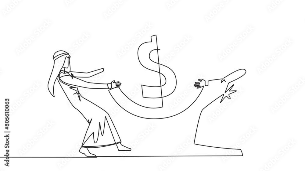 Self drawing animation of continuous line drawing two angry Arabian businessman fighting over dollar sign coin. The last coin used to buy fresh drinks at vending machine. Attack. Full length animated Self drawing animation of continuous line drawing two angry Arabian businessman fighting over dollar sign coin. The last coin used to buy fresh drinks at vending machine. Attack. Full length animated