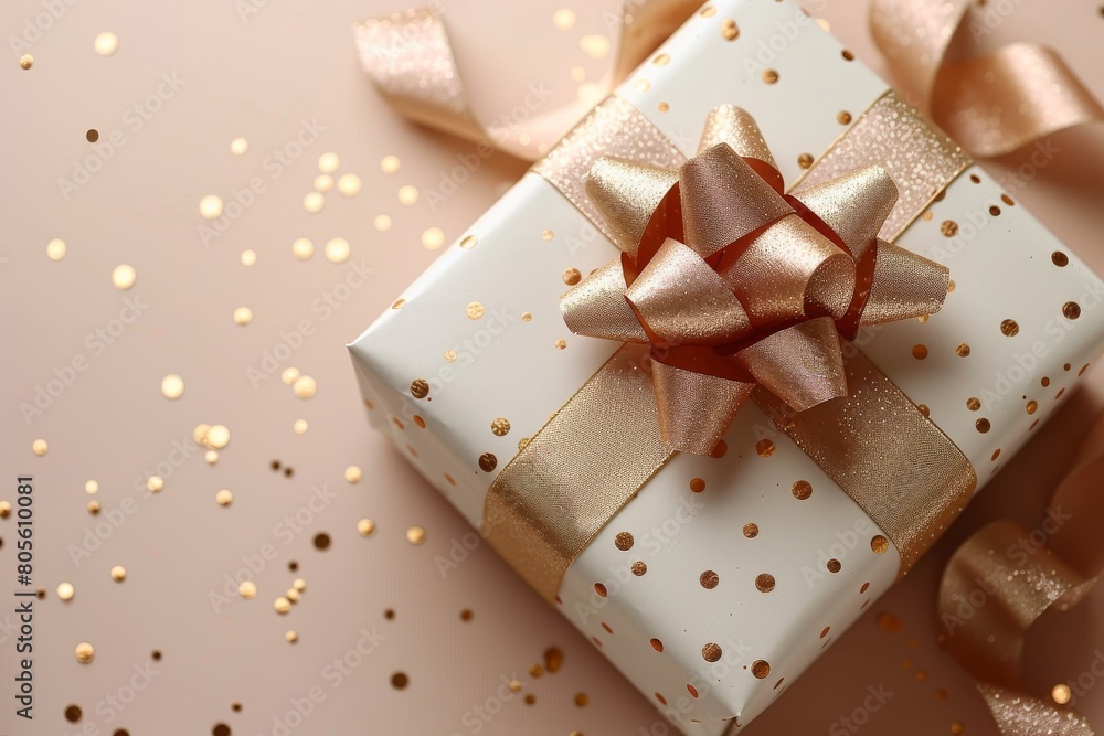 This image showcases a close-up of a beautifully wrapped gift with a golden ribbon and sprinkle of confetti, symbolizing celebration This image showcases a close-up of a beautifully wrapped gift with a golden ribbon and sprinkle of confetti, symbolizing celebration