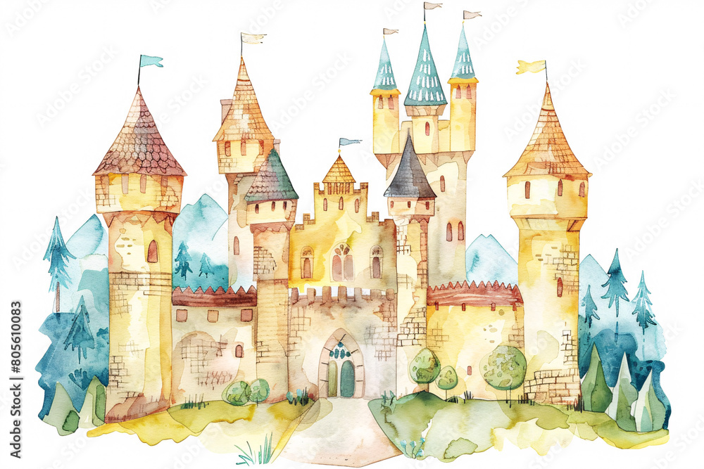 Hand-painted watercolor illustration of a fairytale castle surrounded by trees