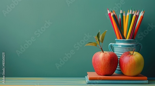 Books, Pencils, and Apple on Table