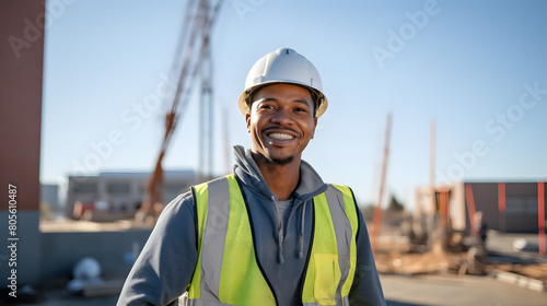Portrait confident oung man wearing safety helmet and reflective vest, Young and confident engineer wearing hard hat, worker safety concept © A2Z AI 