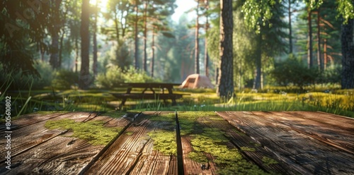 Beautiful summer nature background with wooden table board on foreground and camping in forest.