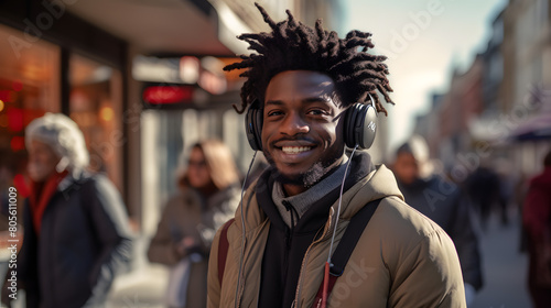 Portrait of a young Afro-American student with backpack in the city photo