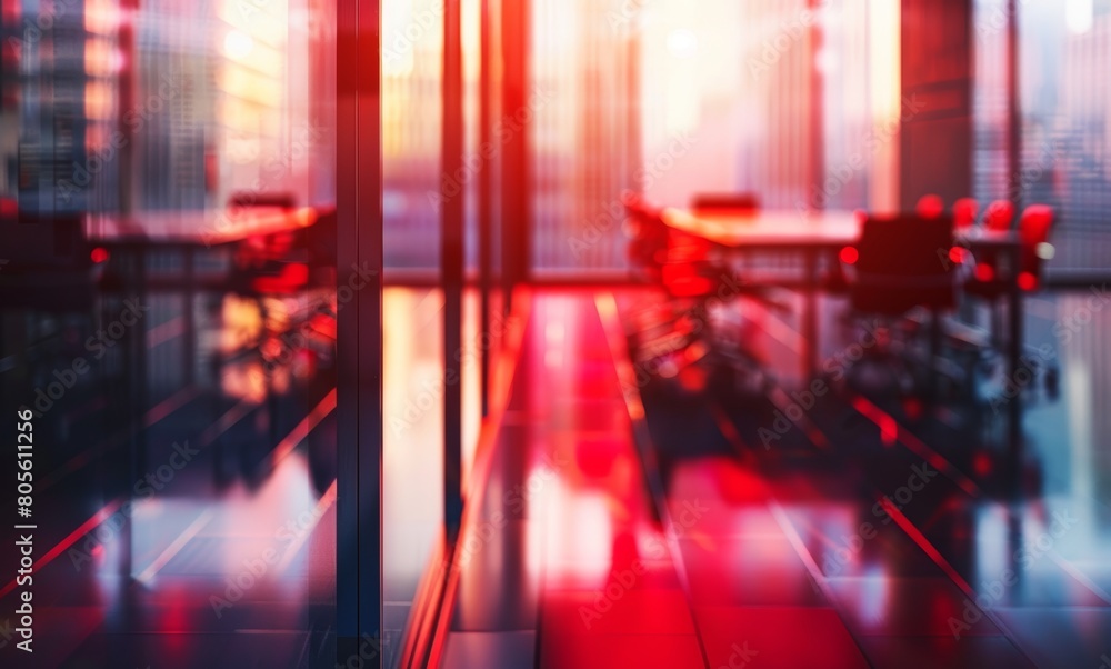 Blurred empty modern office interior with glass walls and red accents. Blurred empty modern office interior with glass walls and red accents.