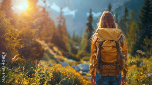 Woman Walking Through Forest With Yellow Backpack