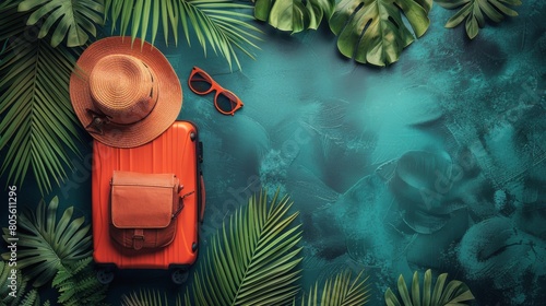 Orange Suitcase, Hat, Sunglasses, and Starfish on Blue Background