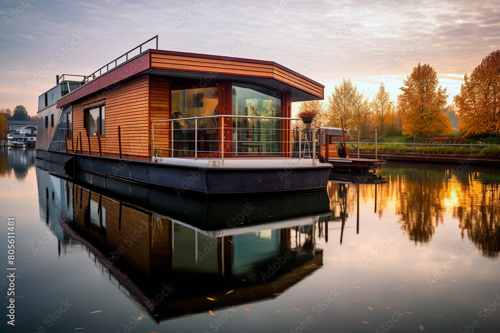 Modern houseboat with reflection in water