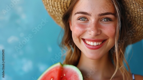 Woman Wearing Straw Hat Holding Piece of Watermelon