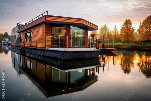 Modern houseboat with reflection in water