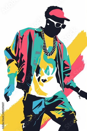 A cool African-American guy with sunglasses and a cap. He's wearing a colorful jacket and a white t-shirt. He's got a lot of swag and he's not afraid to show it.
