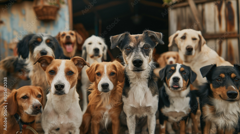 Diverse Group of Dogs Posing Together in a Rustic Setting Diverse Group of Dogs Posing Together in a Rustic Setting