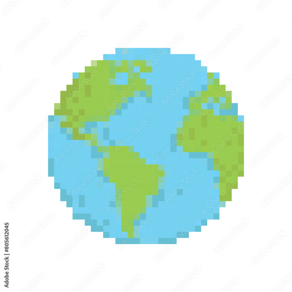 Pixel earth planet, terrestrial globe vector icon for 8 bit game. Illustration on white background