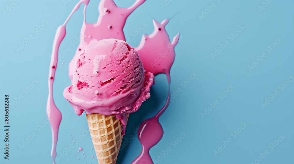 Dynamic Pink Ice Cream Scoop With Splash Against Blue Dynamic Pink Ice Cream Scoop With Splash Against Blue