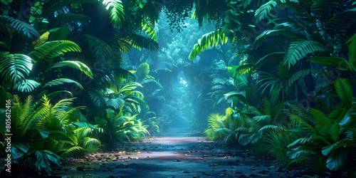 Mysterious rainforest pathway illuminated by enchanting light  suitable for adventure and fantasy themes.