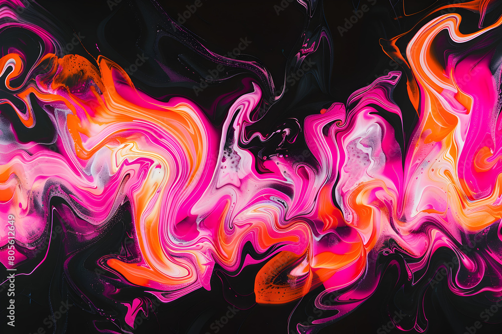Vibrant neon abstract art with pink and orange swirling patterns. Stunning artwork on black background.