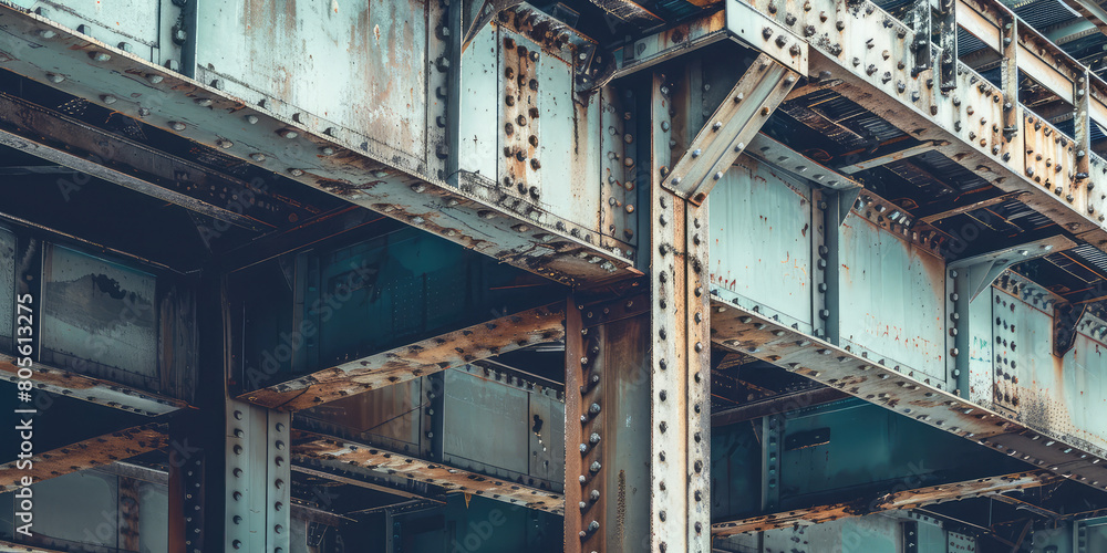 Obraz premium Close-up steel bridge structure, slatted metal structure, urban bridge supports, architecture, copy space.