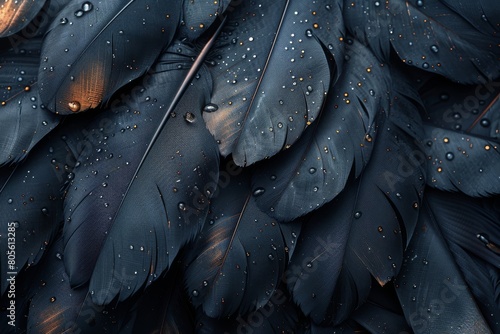 A detailed close-up showing wet dark feathers with water droplets, emphasizing their waterproof nature photo