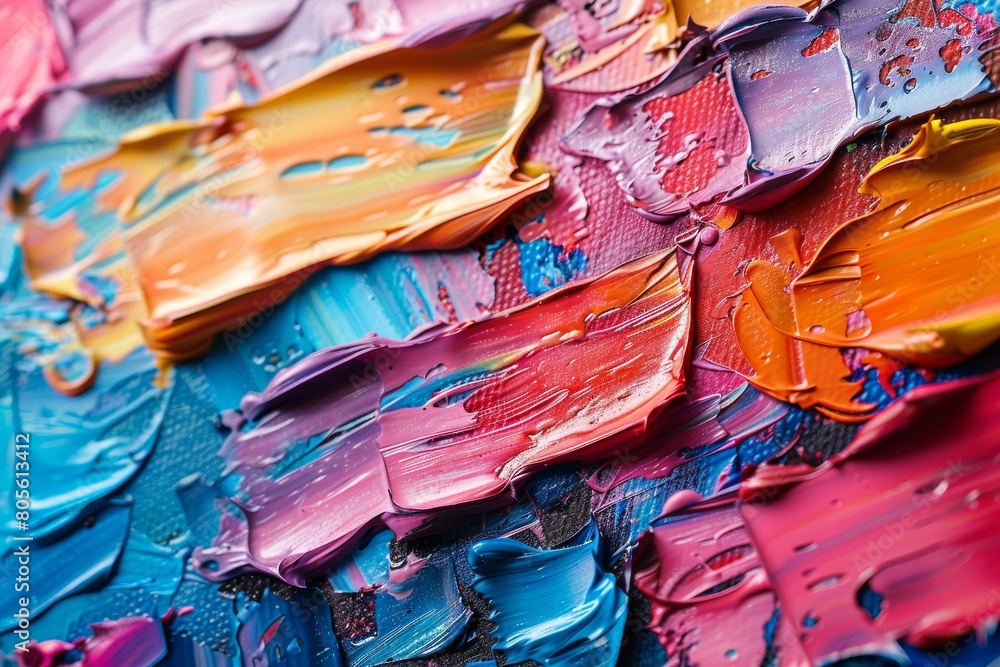 Close-up of thick, colorful oil paint strokes conveying a sense of creativity and artistic expression