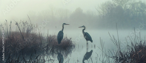 Two majestic blue herons stand gracefully in the mist, looking statuesque in their elegant poses. photo