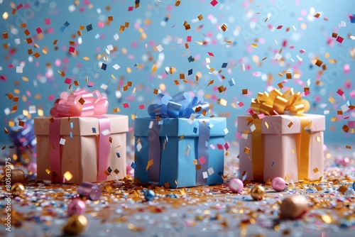 An array of beautifully wrapped gift boxes with ribbons and falling confetti, set against a soft-focus blue background