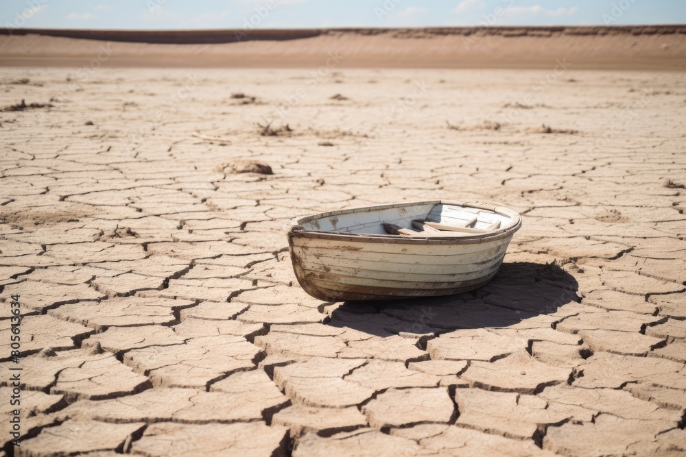 Rowboat Marooned on Cracked Earth. An abandoned wooden rowboat lies on the cracked, dry ground, evoking themes of drought and climate change. Rowboat Marooned on Cracked Earth. An abandoned wooden rowboat lies on the cracked, dry ground, evoking themes of drought and climate change.