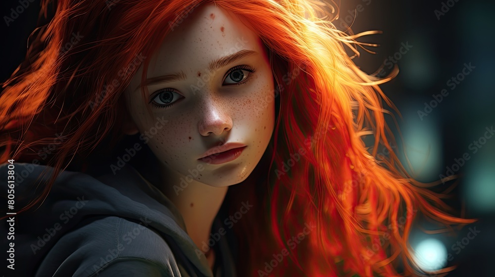 Intense gaze of a young woman with fiery red hair Intense gaze of a young woman with fiery red hair