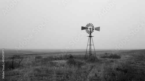 An old windmill stands tall and still against the vast expanse of the prairie its blades long since broken but its creaking sound still echoing through the air