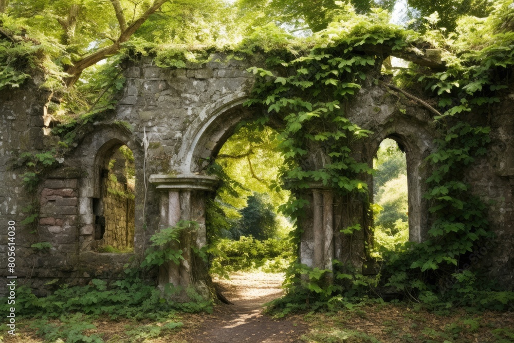 Enchanting stone archway in lush green forest Enchanting stone archway in lush green forest