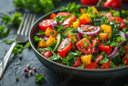 A healthy vegetable salad with sliced tomatoes, cucumbers, onions, and herbs, dressed with oil in a modern bowl