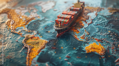Container ship model on world map , transcontinental transportation or globalization concept image with copy space