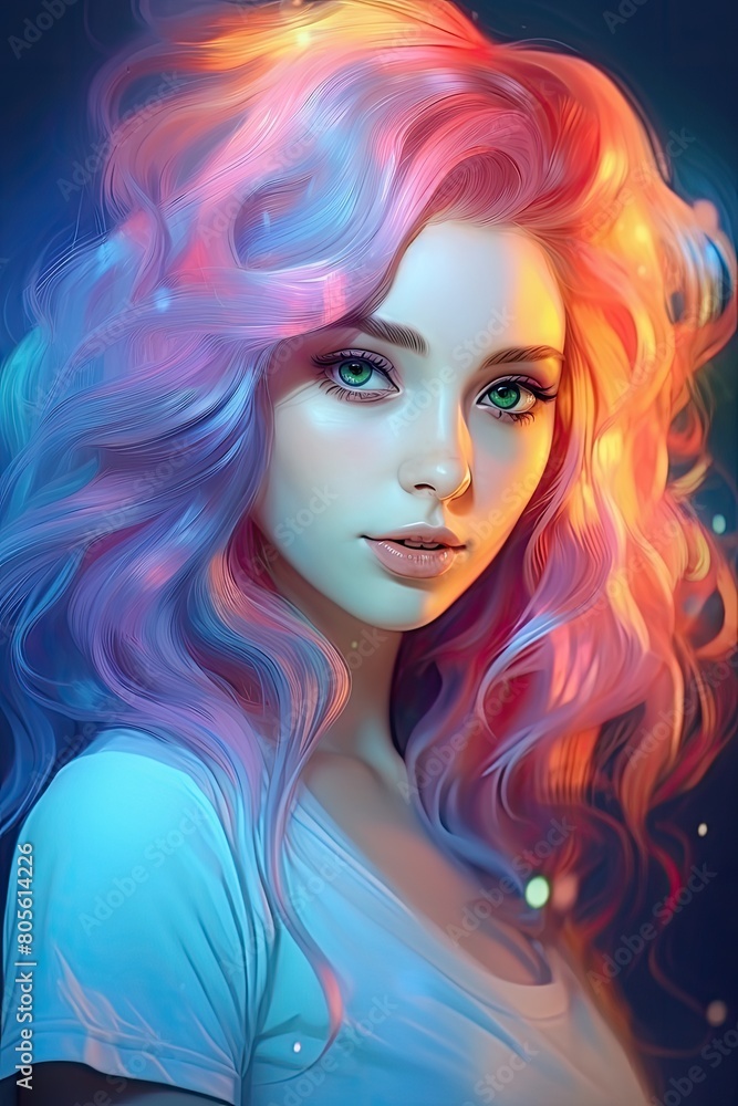 Vibrant fantasy portrait of a woman with colorful hair