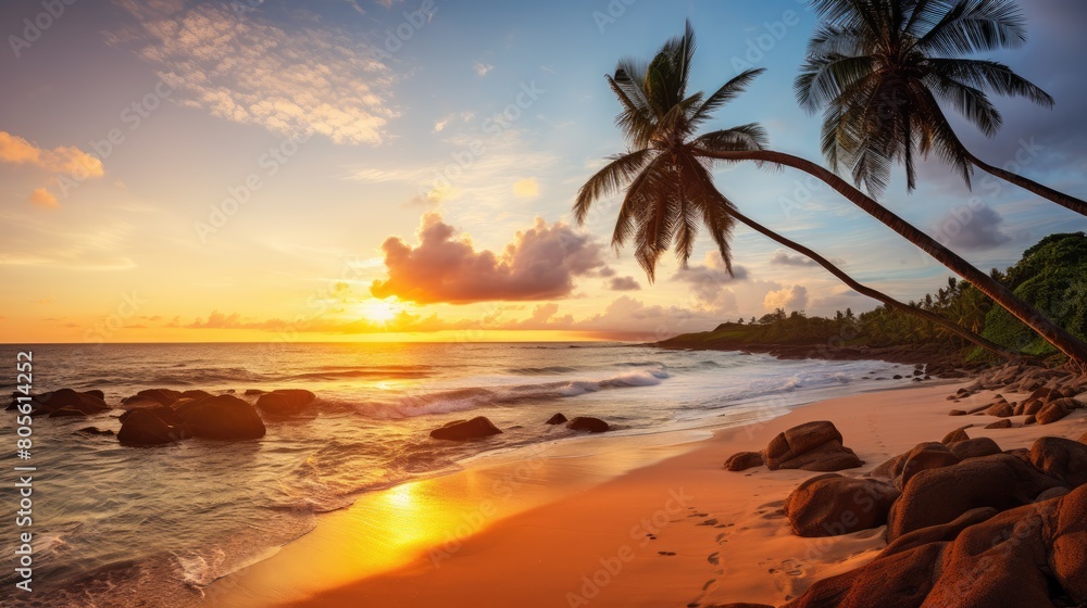 Stunning tropical beach sunset with palm trees