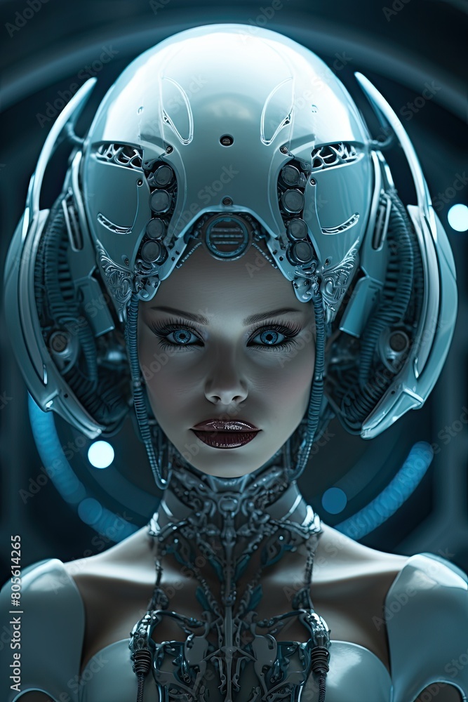 Futuristic cyborg woman with glowing blue eyes Futuristic cyborg woman with glowing blue eyes