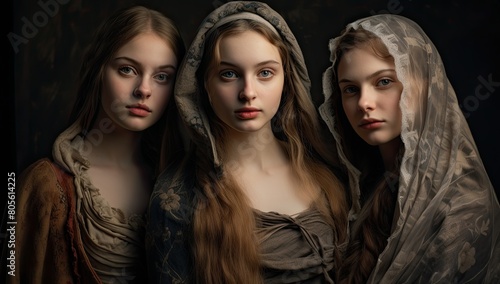 three medieval women in traditional clothing © Balaraw