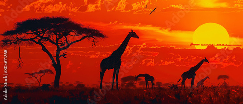 Majestic giraffes peacefully feast among the towering acacia trees in the savannah landscape scenery. © Szalai