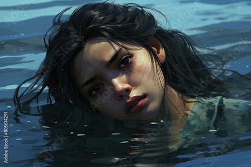 woman with wet dark hair in the ocean © Balaraw
